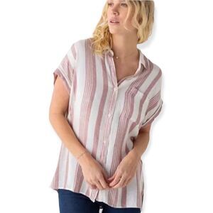 THREAD & SUPPLY DUSTY PINK STRIPED SHORT SLEEVE BUTTON DOWN LINEN SHIRT SMALL